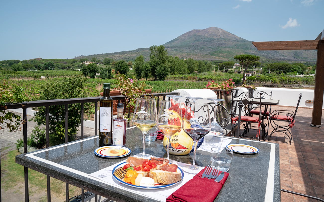 Wine tasting and lunch on a terrace overlooking vineyards and Mount Vesuvius in Naples.