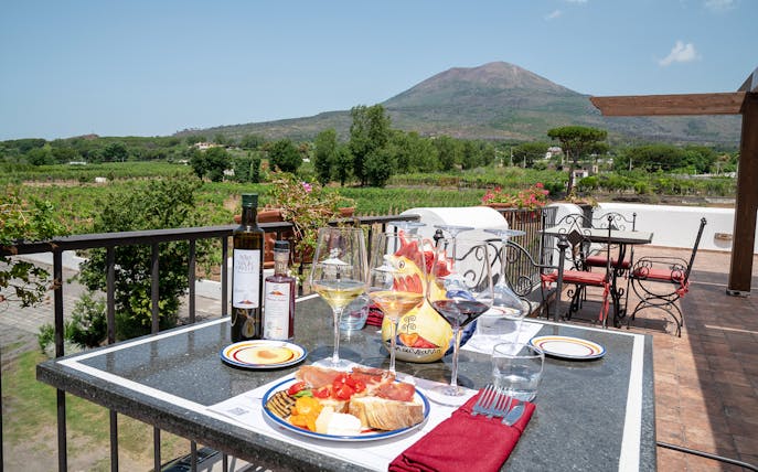 Wine tasting and lunch on a terrace overlooking vineyards and Mount Vesuvius in Naples.