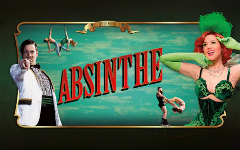 Absinthe show poster with performers in acrobatic poses.