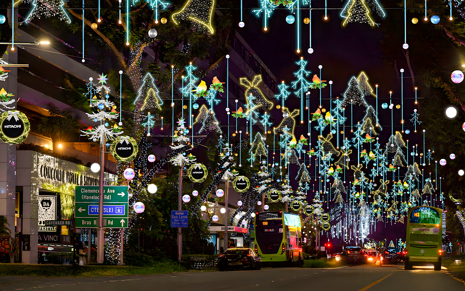 Singapore street with Christmas lights during festive bus tour.