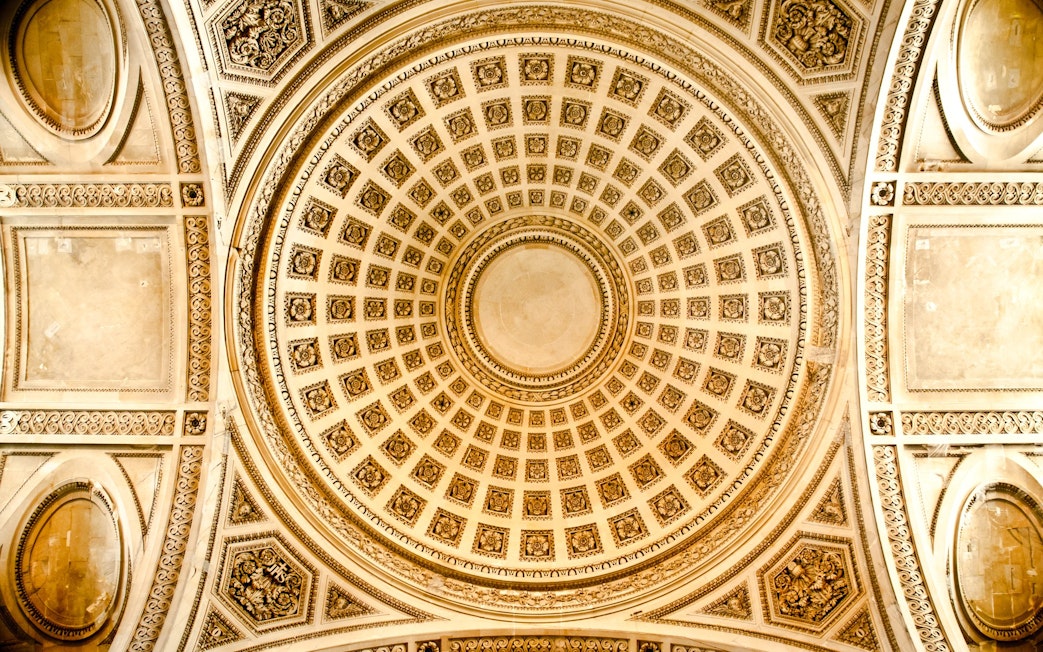 Ceiling of the Paris Pantheon with intricate geometric patterns.