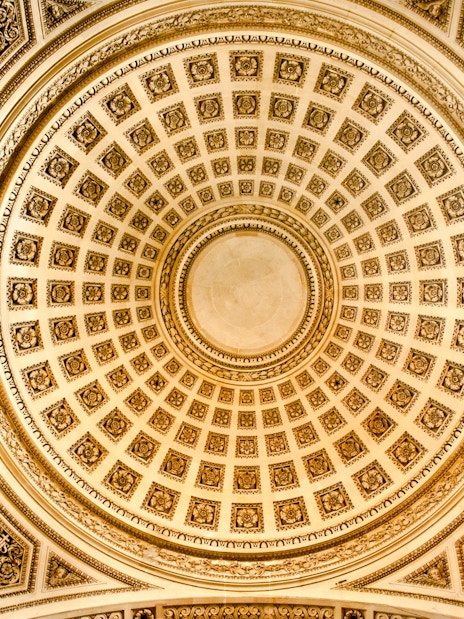 Ceiling of the Paris Pantheon with intricate geometric patterns.