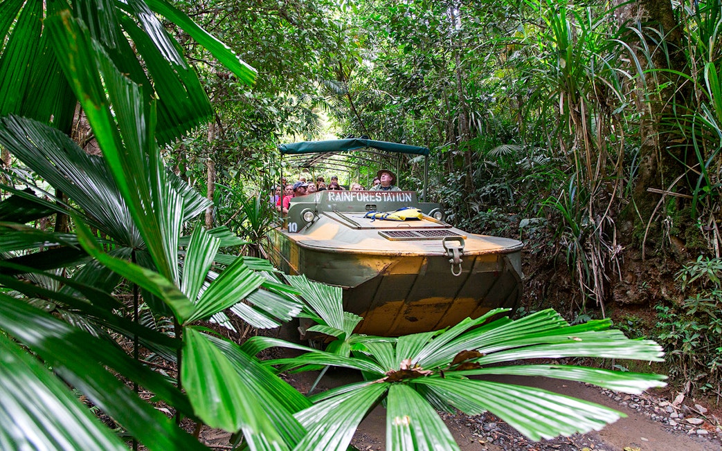 Army Duck navigating through Kuranda rainforest, Cairns.