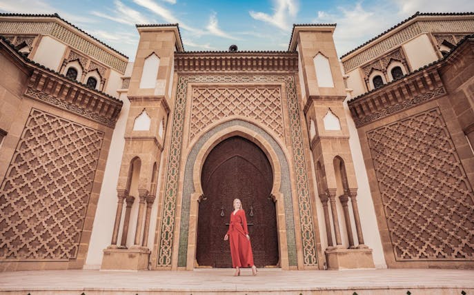 Ornate entrance of a historic building in Agadir during a guided city tour.