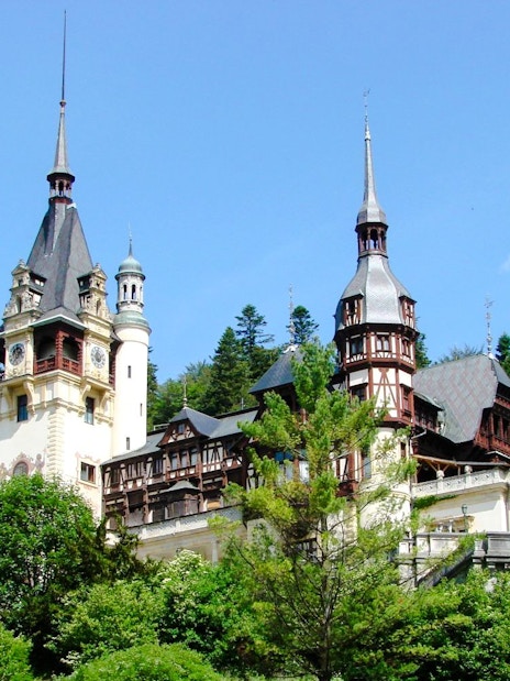Peles Castle in Romania surrounded by lush green forest.