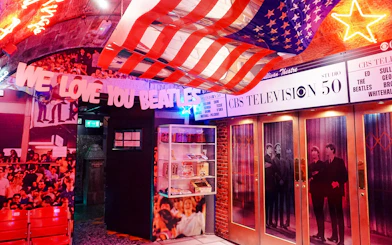 Interiors of The Beatles Story exhibit featuring CBS Studio 50 and memorabilia.