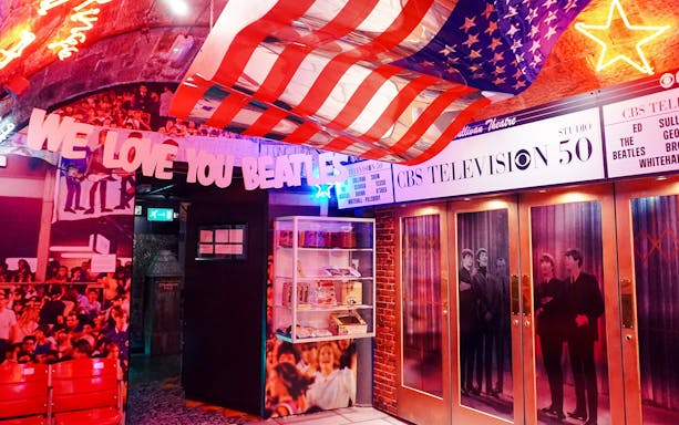 Interiors of The Beatles Story exhibit featuring CBS Studio 50 and memorabilia.