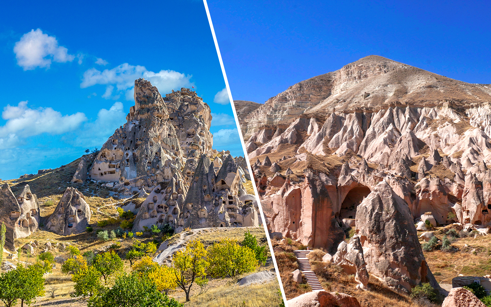 Goreme Open Air Museum rock formations in Cappadocia, Turkey.