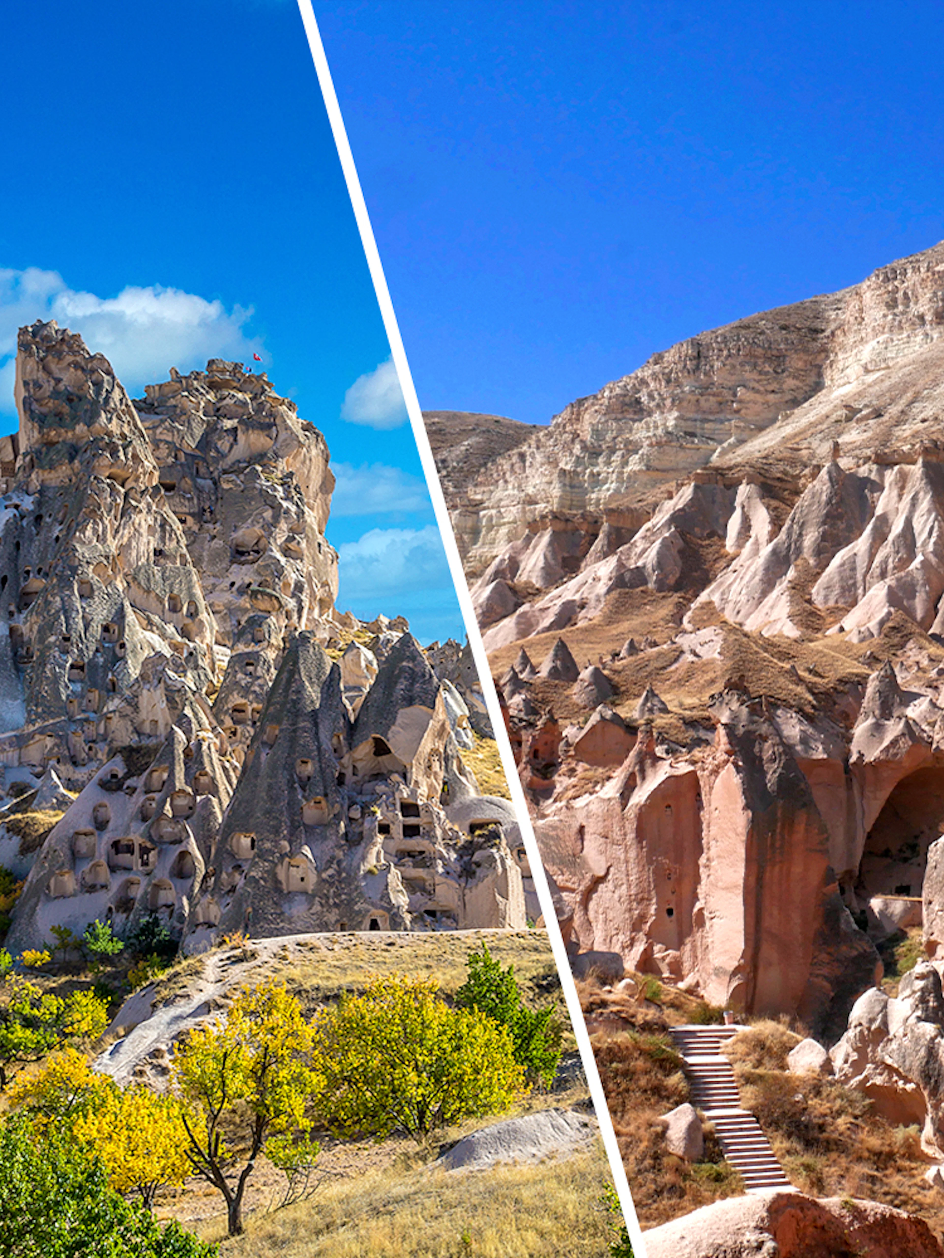 Goreme Open Air Museum rock formations in Cappadocia, Turkey.