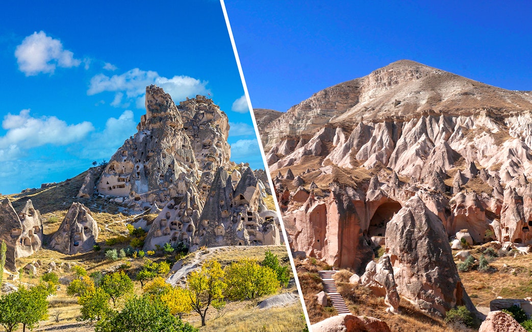 Goreme Open Air Museum rock formations in Cappadocia, Turkey.
