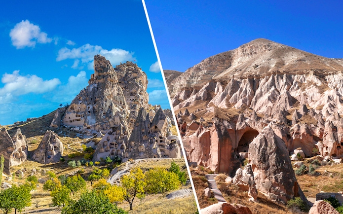 Goreme Open Air Museum rock formations in Cappadocia, Turkey.