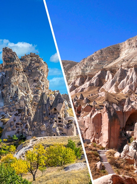 Goreme Open Air Museum rock formations in Cappadocia, Turkey.