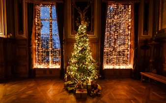 Christmas tree with lights and gifts at Chateau of Chantilly, France.