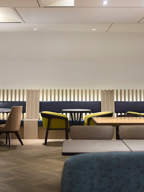 Plaza Premium Lounge seating area with modern decor, Zone A, Taipei, Taiwan.