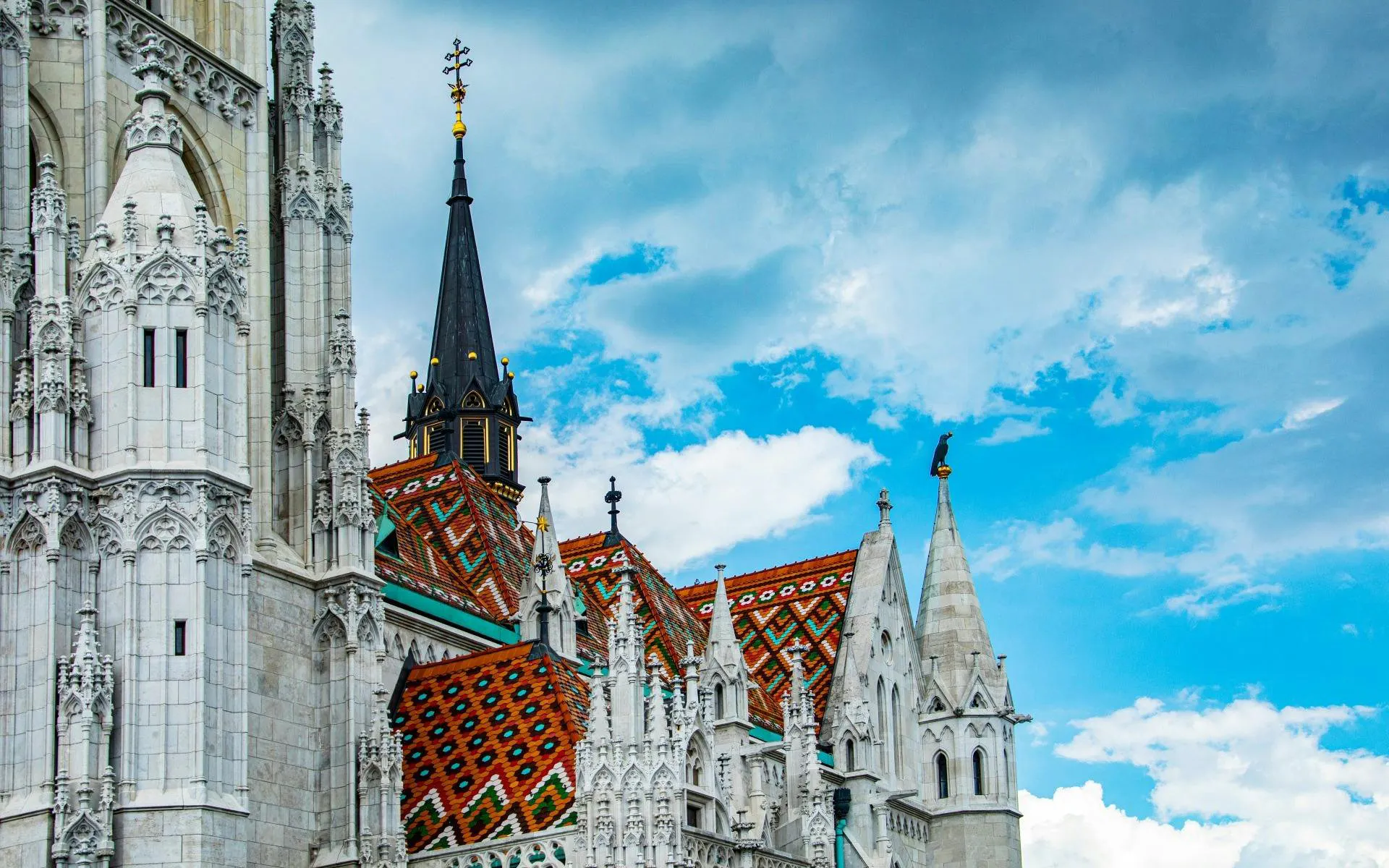 Fisherman's Bastion with ornate spires and colorful roof in Budapest.