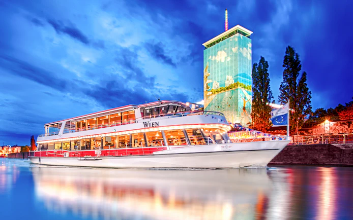 DDSG Blue Danube MS Vindobona on evening Danube cruise, Vienna, Austria.