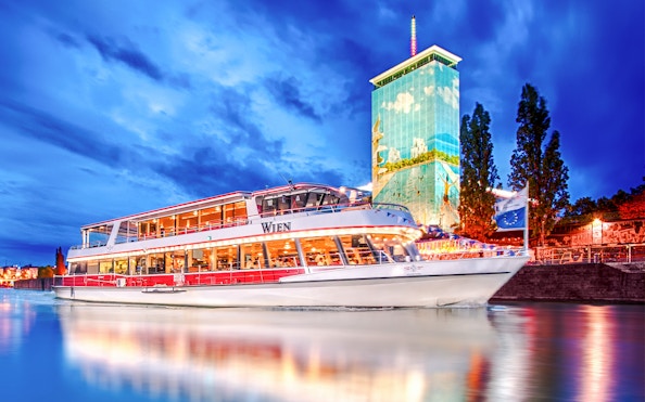 DDSG Blue Danube MS Vindobona on evening Danube cruise, Vienna, Austria.
