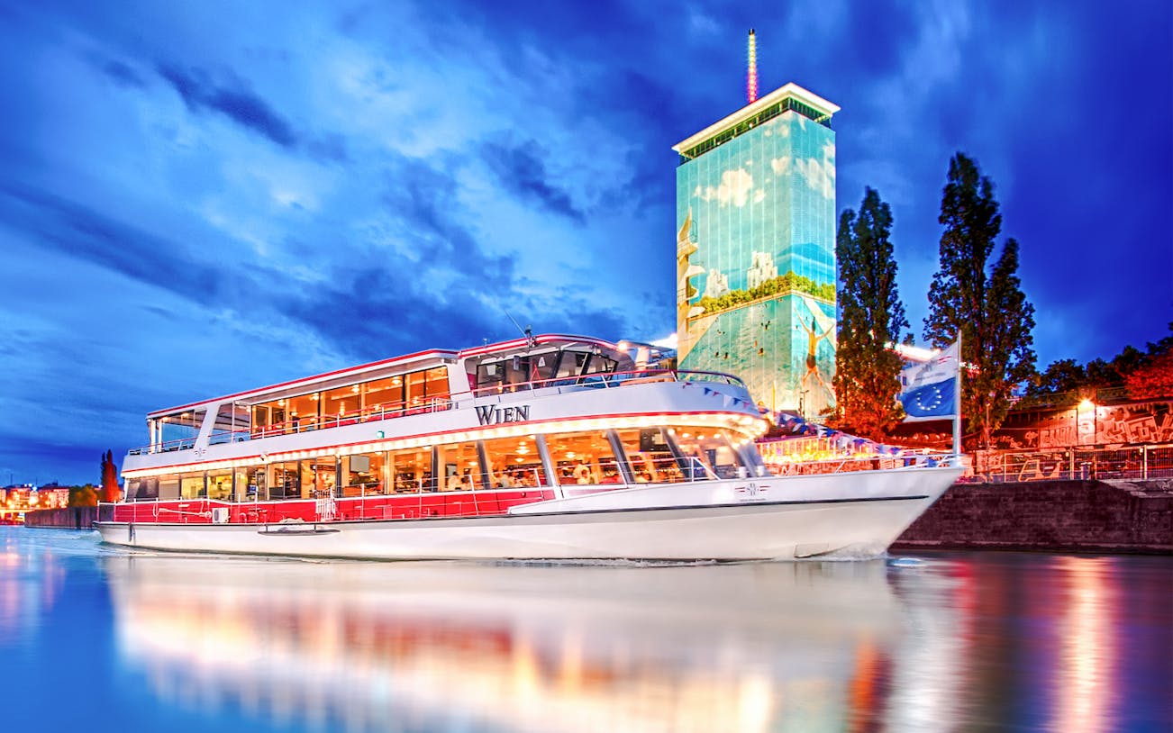 DDSG Blue Danube MS Vindobona on evening Danube cruise, Vienna, Austria.