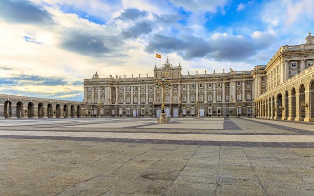 Royal Palace of Madrid exterior with courtyard, Spain.