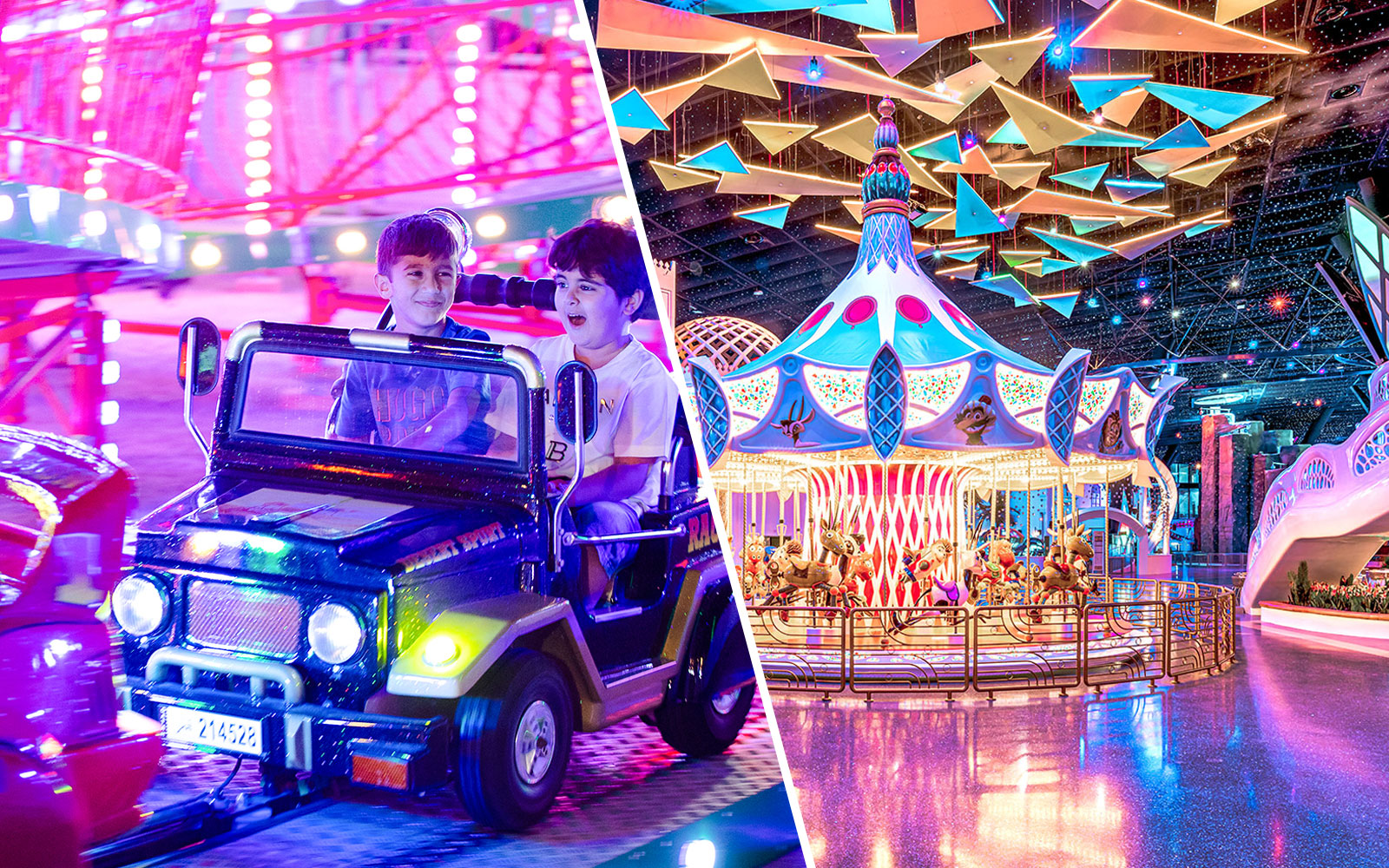 Children enjoying rides at Doha Quest Theme Park, featuring a carousel and mini jeep ride.
