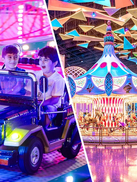 Children enjoying rides at Doha Quest Theme Park, featuring a carousel and mini jeep ride.