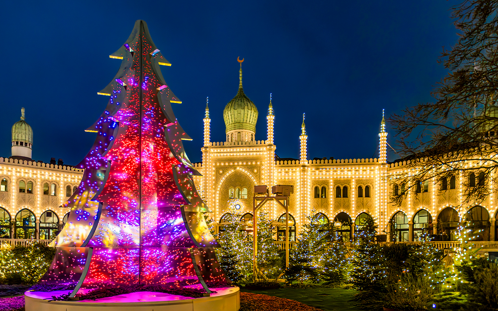 Christmas light installation in front of Nimb Hotel, Tivoli Gardens, Copenhagen, Denmark.
