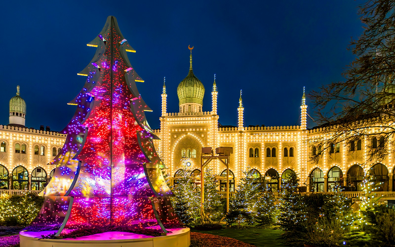 Christmas light installation in front of Nimb Hotel, Tivoli Gardens, Copenhagen, Denmark.