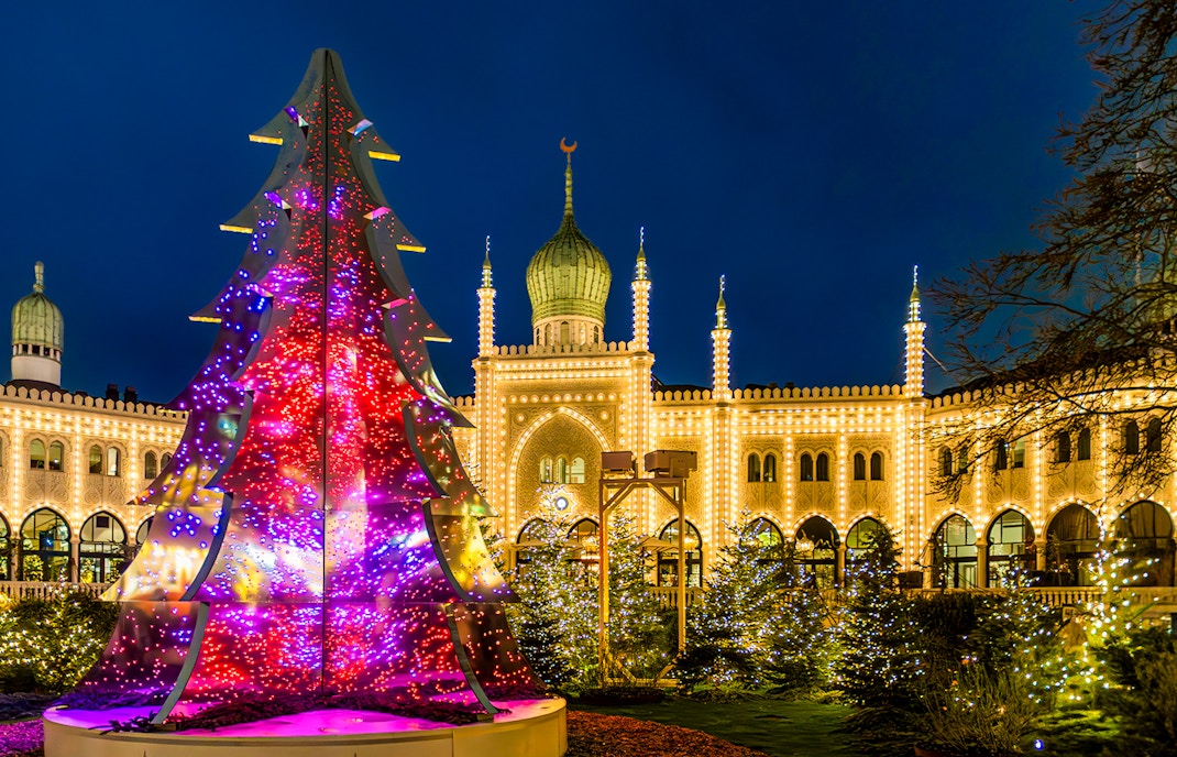 Christmas light installation in front of Nimb Hotel, Tivoli Gardens, Copenhagen, Denmark.