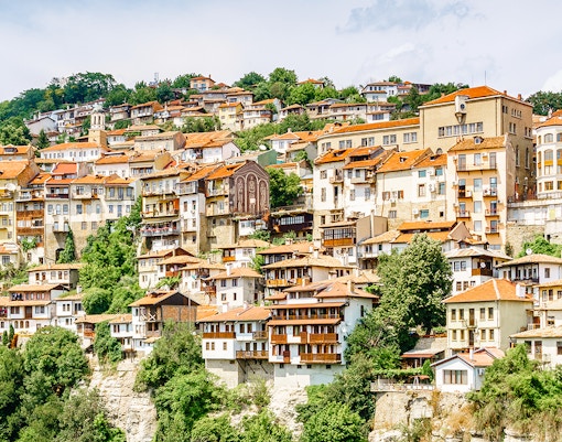 Veliko Tarnovo hillside with traditional houses and lush greenery.