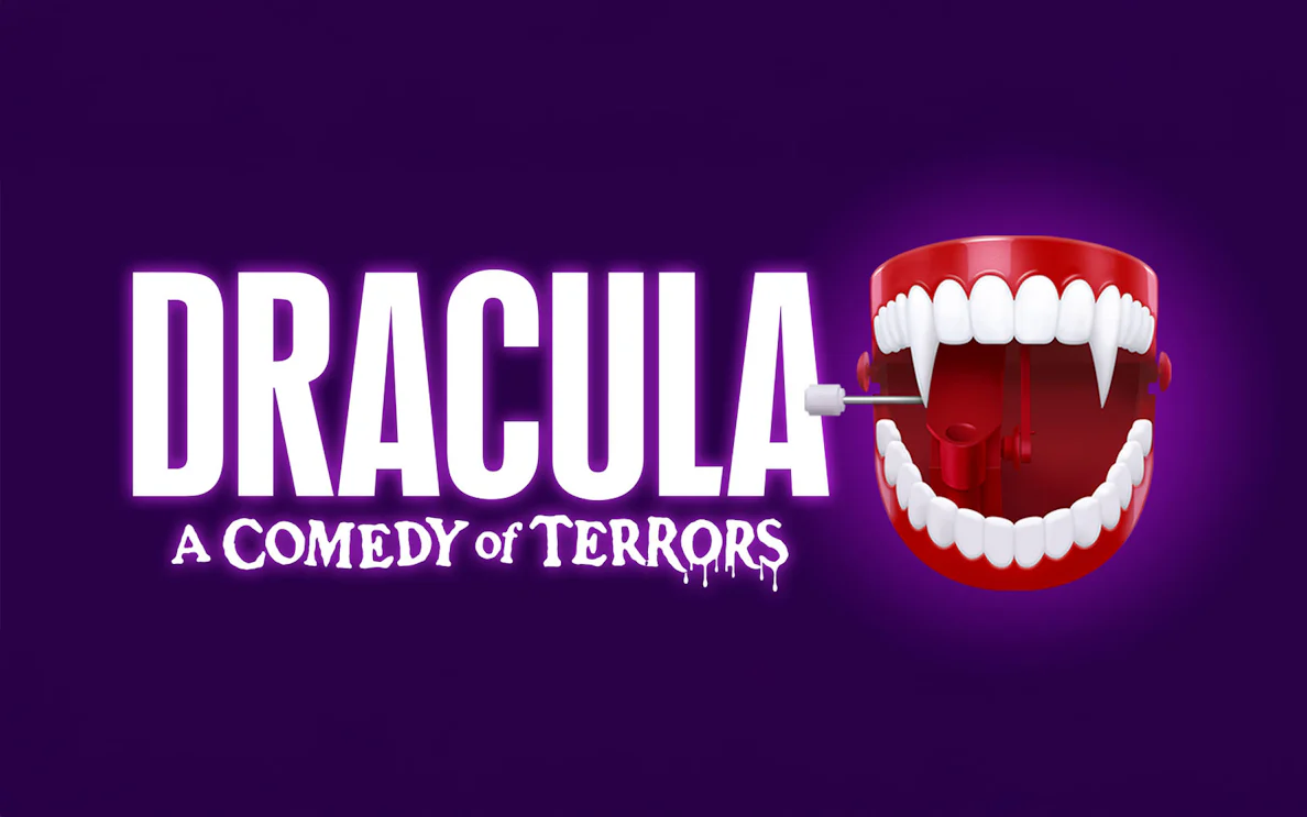 Dracula A Comedy of Terrors title with wind-up vampire teeth on purple background.