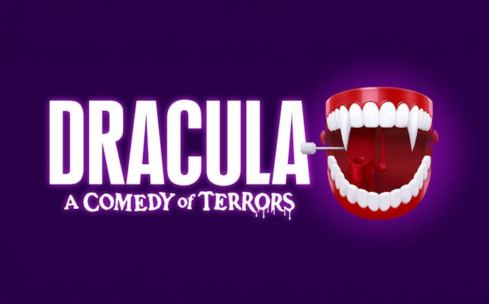 Dracula A Comedy of Terrors title with wind-up vampire teeth on purple background.