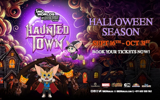 Haunted Town event at IMG Worlds of Adventure, Dubai, featuring Halloween-themed characters and decorations.