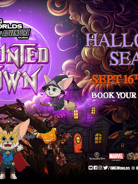 Haunted Town event at IMG Worlds of Adventure, Dubai, featuring Halloween-themed characters and decorations.