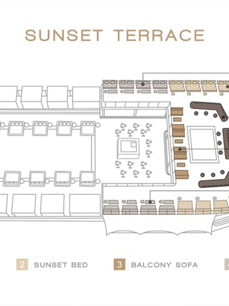 Yona Beach Club Sunset Terrace layout with pool sofas, sunset beds, balcony sofas, and sunset sofas in Phuket.