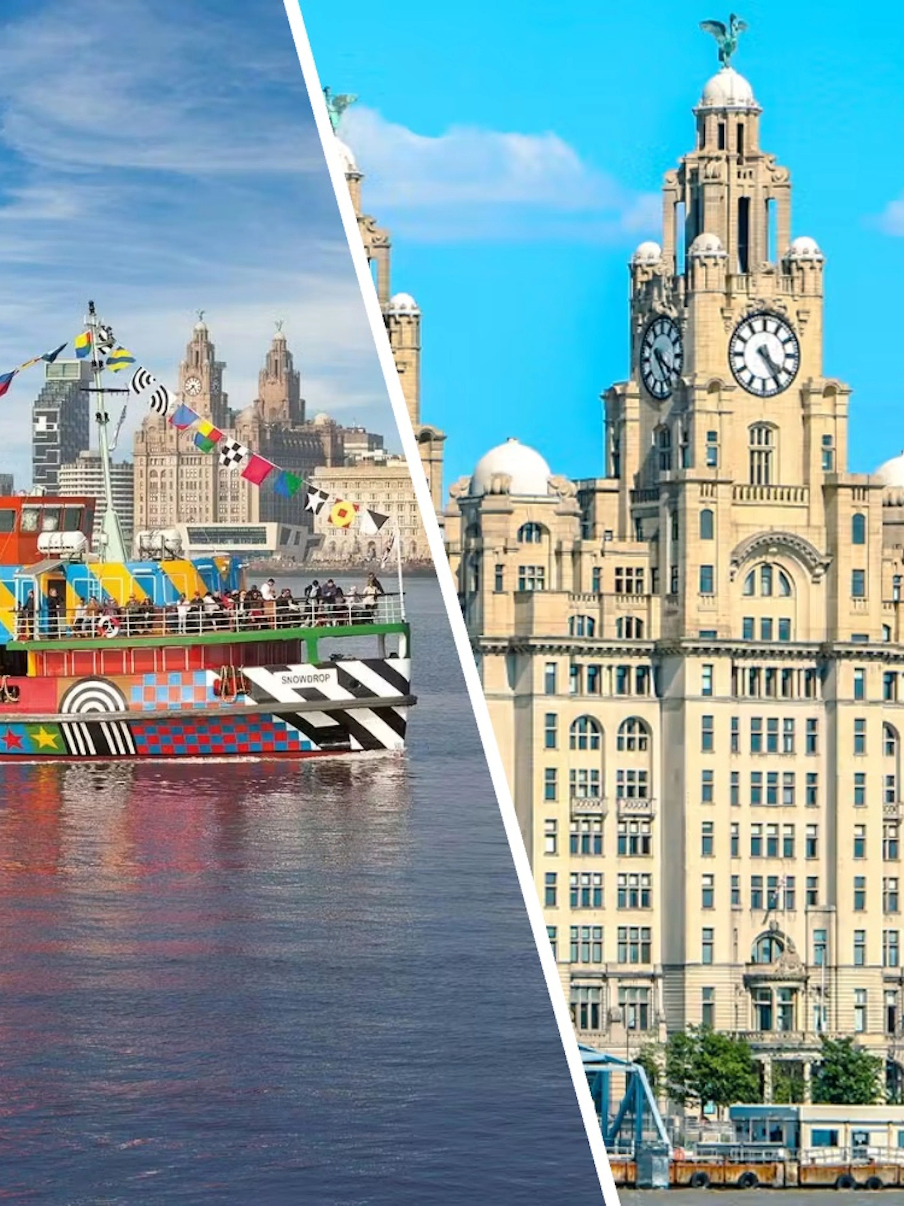 Colorful ferry on River Mersey with Royal Liver Building in Liverpool.