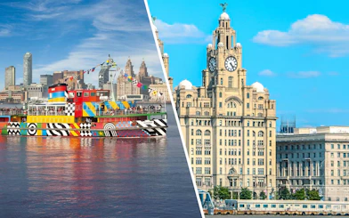 Colorful ferry on River Mersey with Royal Liver Building in Liverpool.