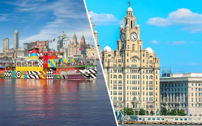 Colorful ferry on River Mersey with Royal Liver Building in Liverpool.