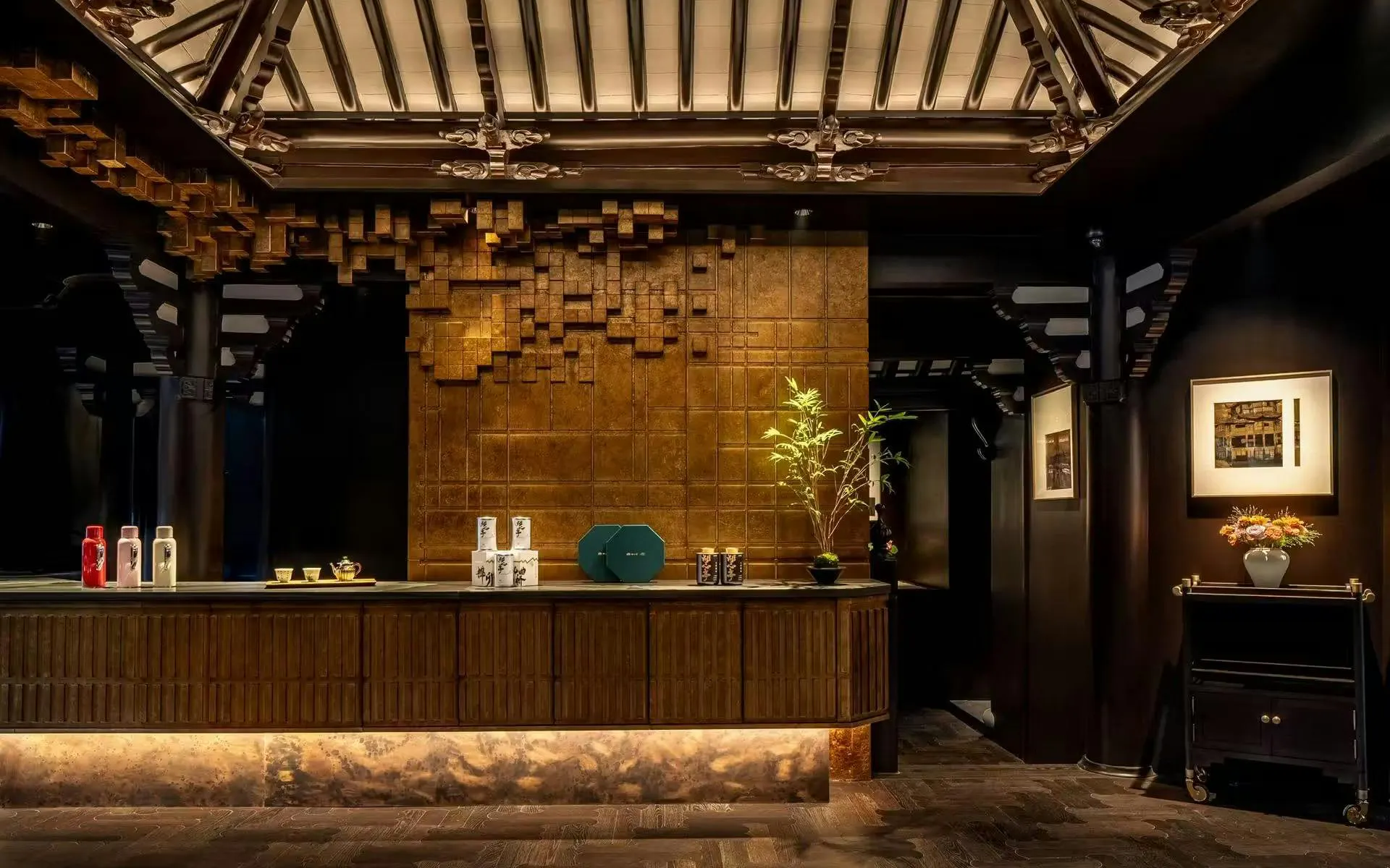 Yu Garden Huxinting Teahouse interior with tea display, Shanghai.