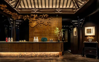 Yu Garden Huxinting Teahouse interior with tea display, Shanghai.