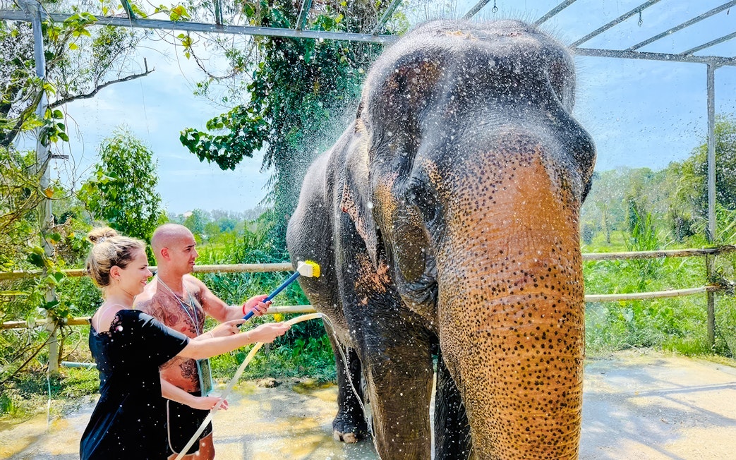 Couple showering an elephant at Phuket Elephant Care, Thailand.