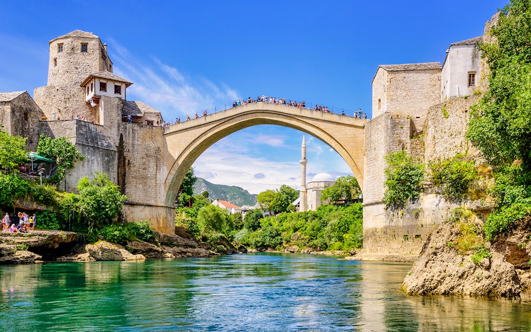 Stari Most bridge spanning the Neretva River in Mostar Old Town, Bosnia and Herzegovina.