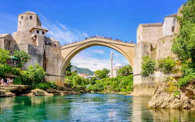 Stari Most bridge spanning the Neretva River in Mostar Old Town, Bosnia and Herzegovina.