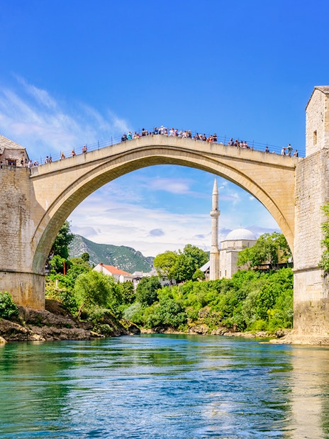 Stari Most bridge spanning the Neretva River in Mostar Old Town, Bosnia and Herzegovina.