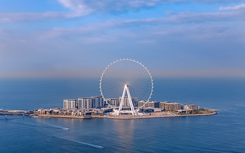 Ain Dubai Ferris wheel on Bluewaters Island, Dubai, with surrounding sea and skyline.