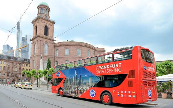Frankfurt sightseeing bus near St. Paul's Church on Skyline Hop-On Hop-Off tour.