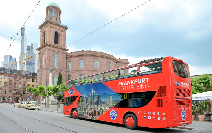 Frankfurt sightseeing bus near St. Paul's Church on Skyline Hop-On Hop-Off tour.