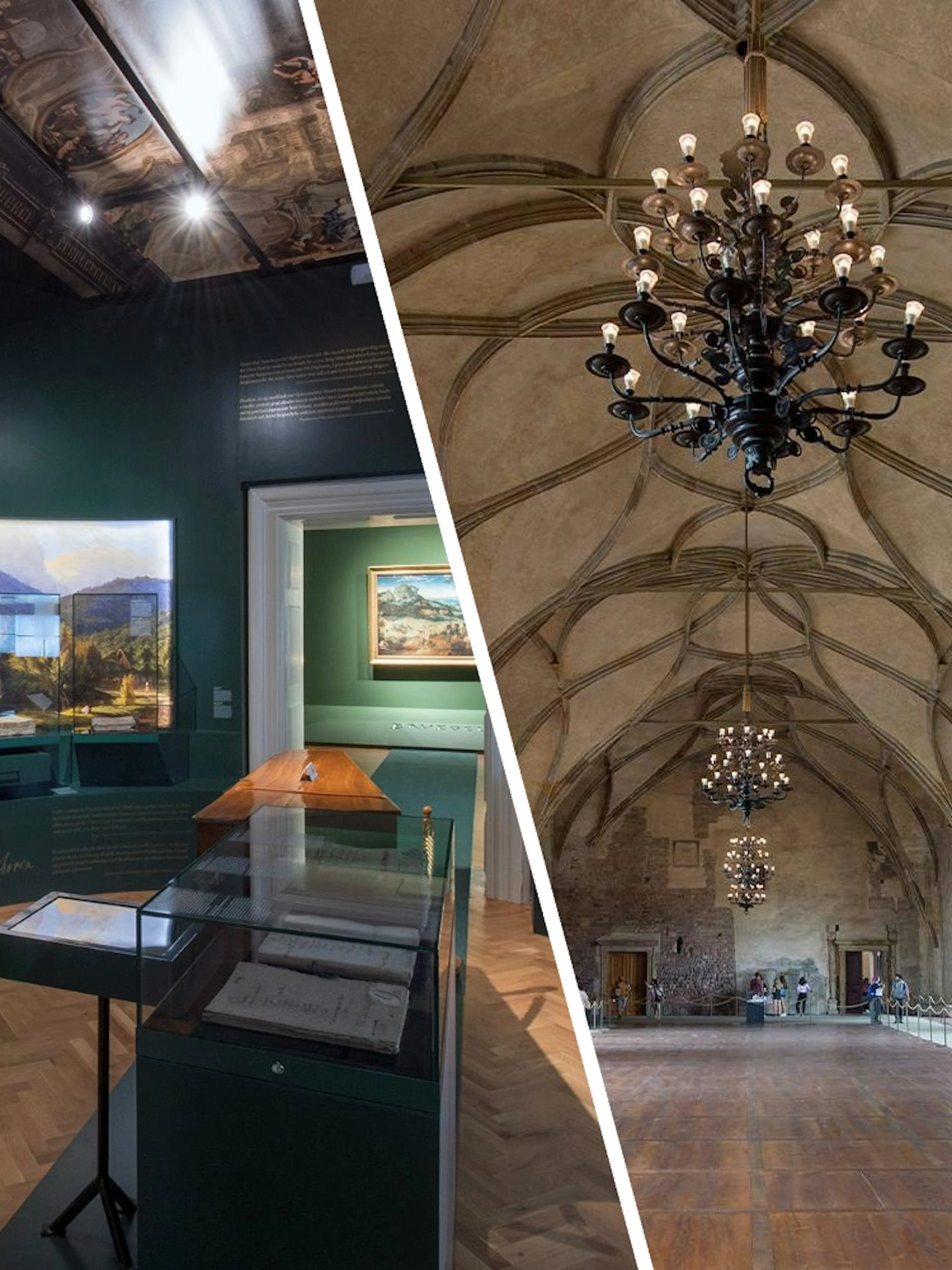Lobkowicz Palace music room and Vladislav Hall at Prague Castle.