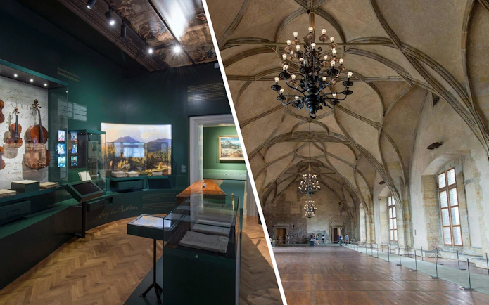 Lobkowicz Palace music room and Vladislav Hall at Prague Castle.