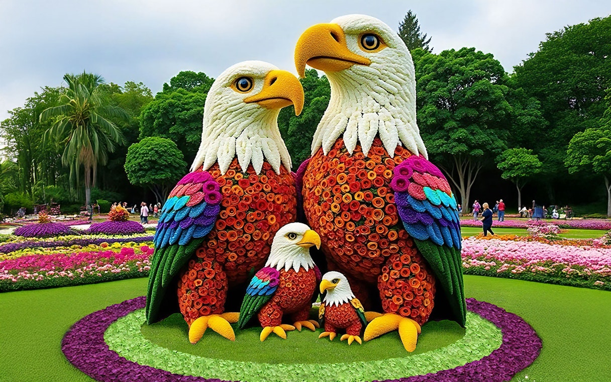 Floral eagle sculpture at Dubai Garden Glow with colorful flowers and greenery.