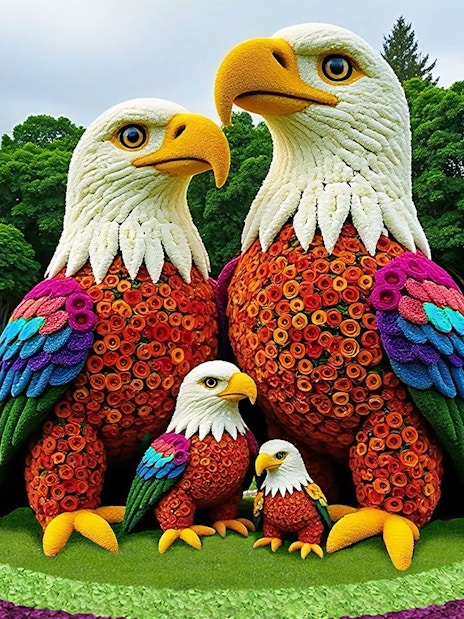 Floral eagle sculpture at Dubai Garden Glow with colorful flowers and greenery.